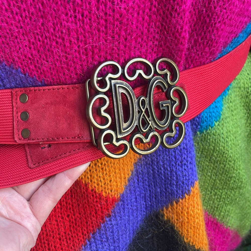 Vintage bright red Dolce & Gabbana stretchy wide belt with large unique buckle
